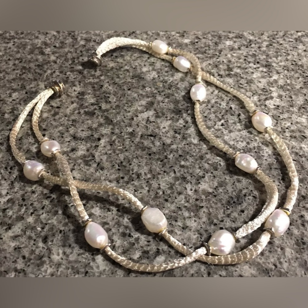 New HONORA Silver Woven Silk White Cultured Freshwater Pearl Necklace 925 Clasp